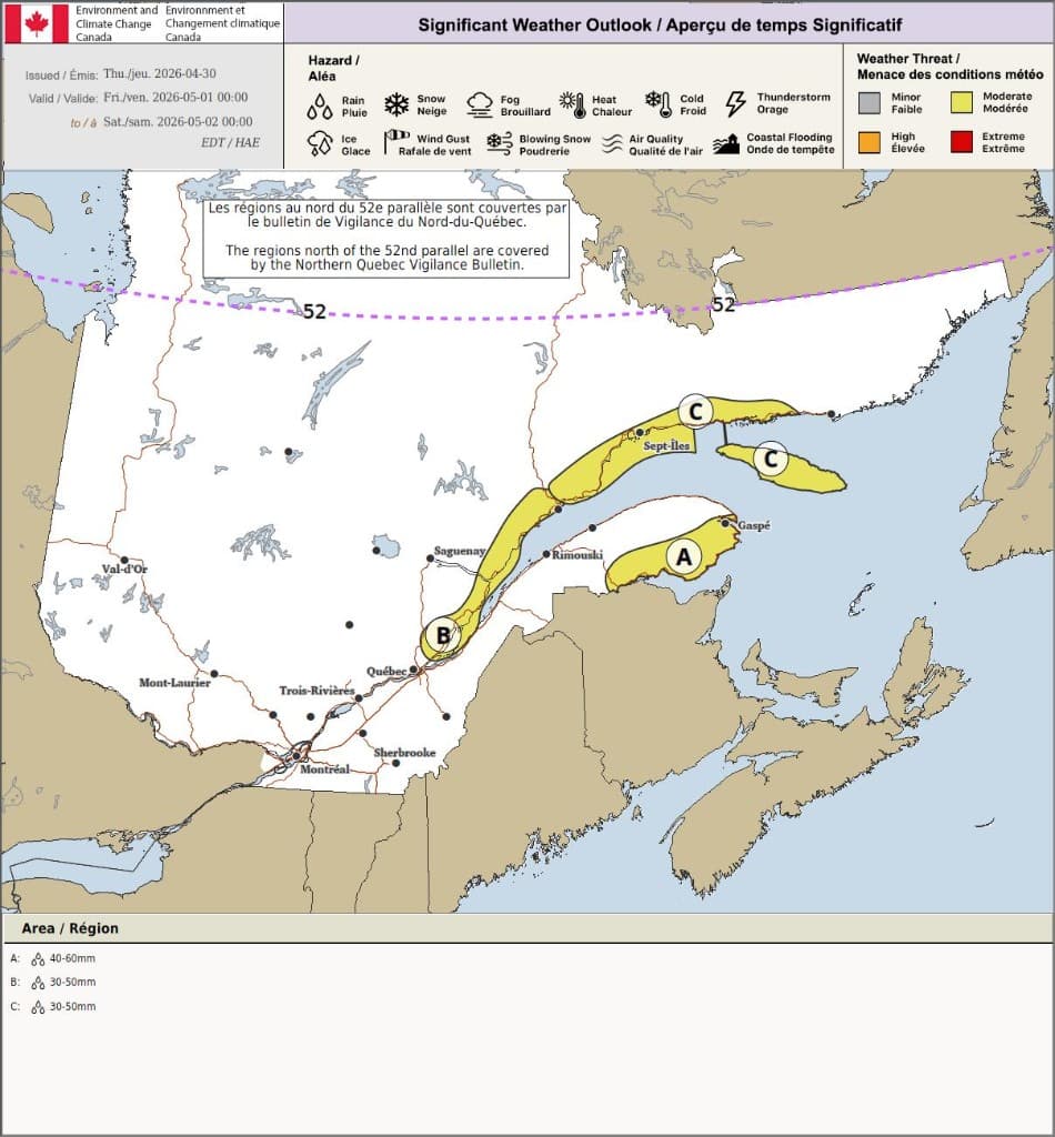 Environment Canada significant weather outlook map for Quebec showing moderate rainfall hazard zones A, B, and C