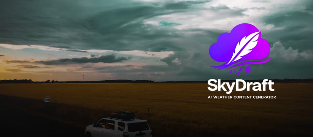 Storm chaser vehicle under dramatic storm clouds at sunset — SkyDraft AI Weather Content Generator
