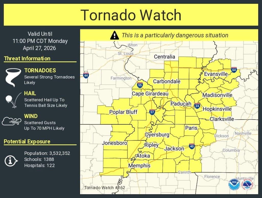NWS Tornado Watch map covering parts of Illinois, Missouri, Kentucky, Tennessee, and Arkansas