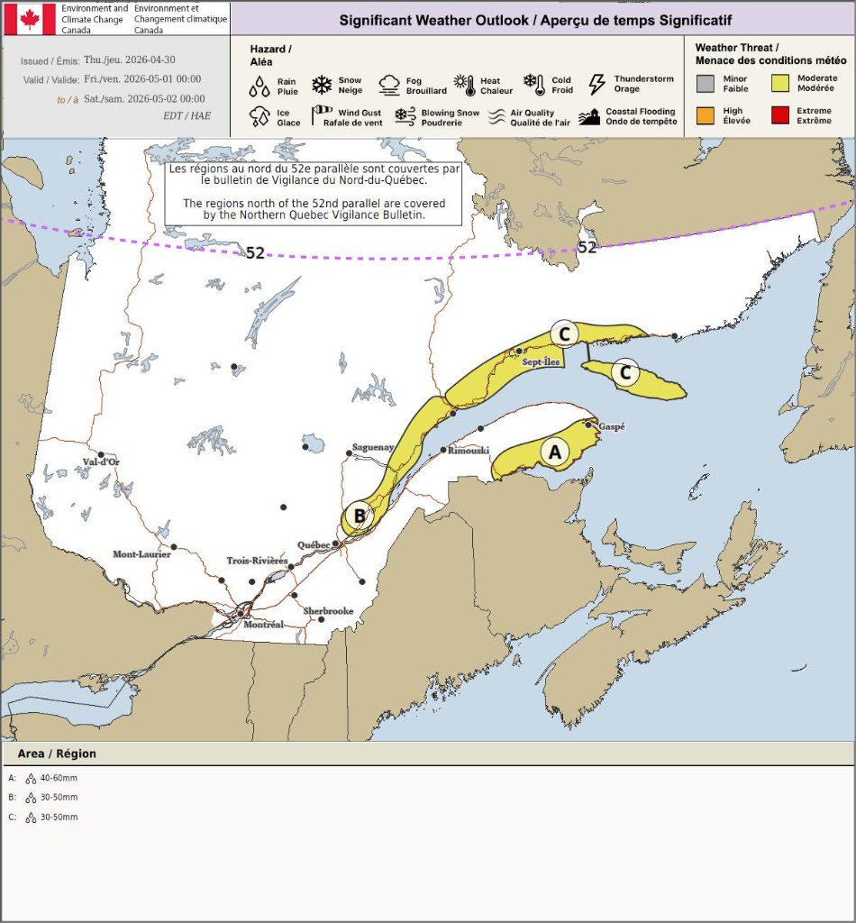 Environment Canada significant weather outlook map for Quebec with zones A B C and rainfall amounts
