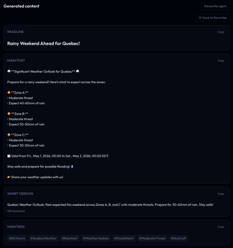 SkyDraft app screenshot showing headline, main post, short copy, and hashtags generated from Environment Canada outlook
