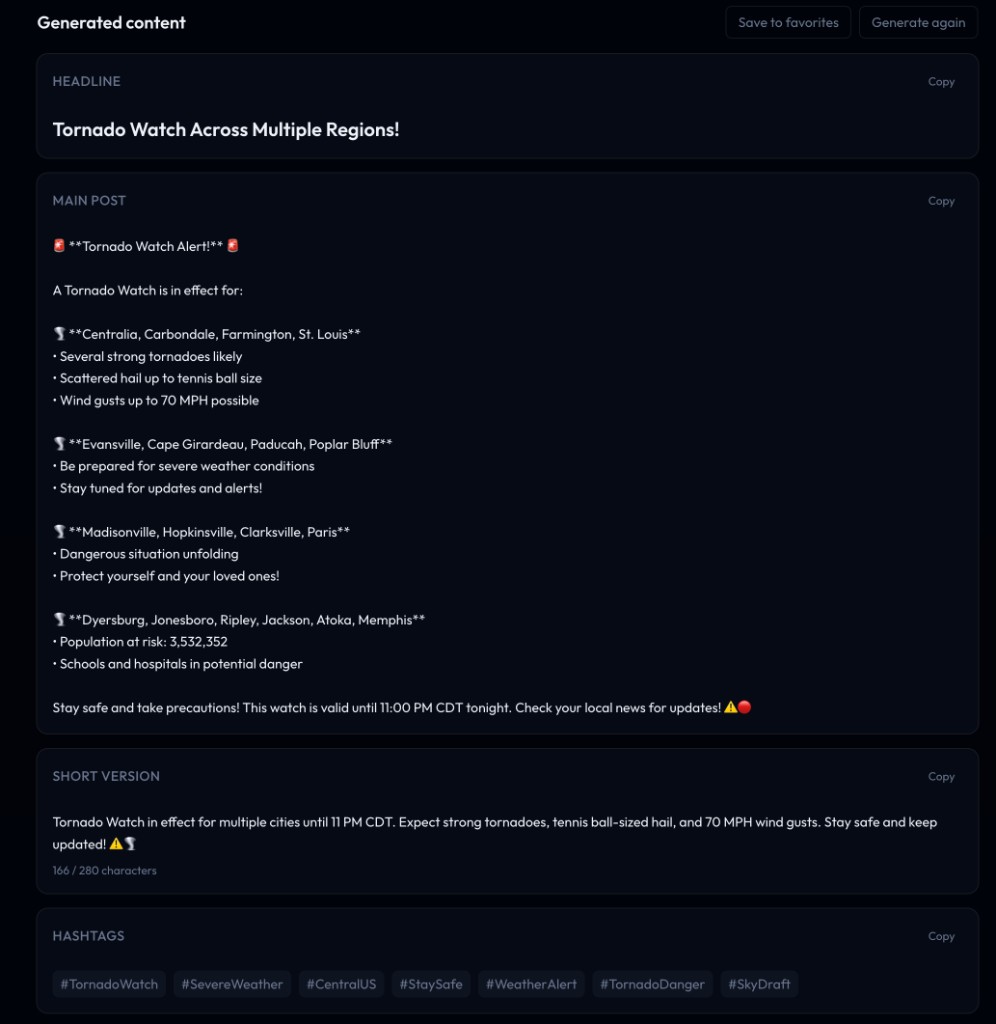 SkyDraft generated output for the Tornado Watch: headline, main post, short version, and hashtags